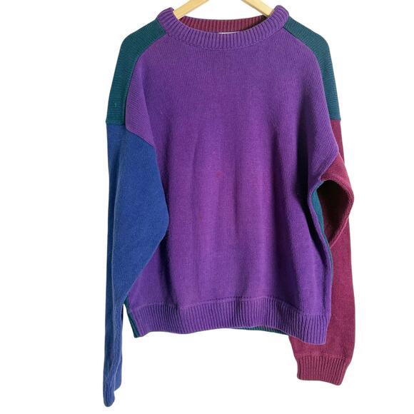 Vintage Men’s 80’s Saks Fifth Avenue Purple Colorblock Crewneck Sweater Size XL - Picture 1 of 7